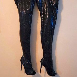 Thigh High Black Peep Toe Snakeskin Boot